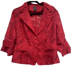 Clara Sun Woo Button Front Poly Rayon Blend Jacket Blazer Sheer Red Women's Sz M